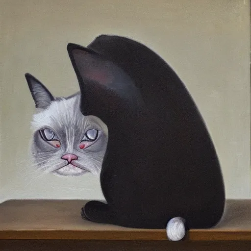 Image similar to grumpy cats emotional state is apparently the only constant in this world, deep emotional resignation of a programmer, oil on canvas 2022