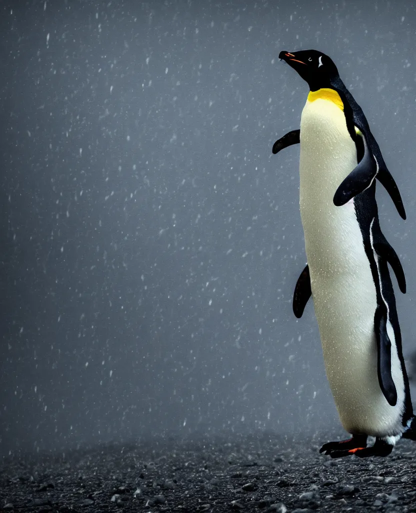 Prompt: a cinematic photograph of a penguin traveling through a vast mountainous landscape whilst neon lightening strikes its face, rain falls, ultra realistic, high definition