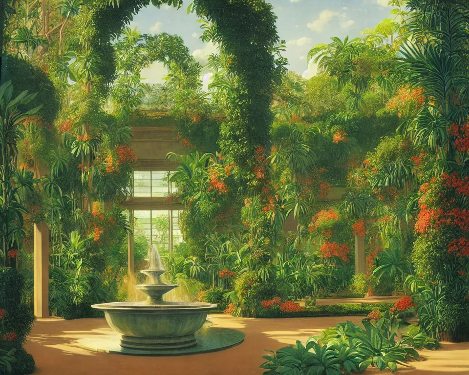 Prompt: an achingly beautiful print of the interior of a botanic garden, featuring flowing fountains and tropical foliage, by Raphael, Hopper, and Rene Magritte. detailed, romantic, enchanting, trending on artstation.