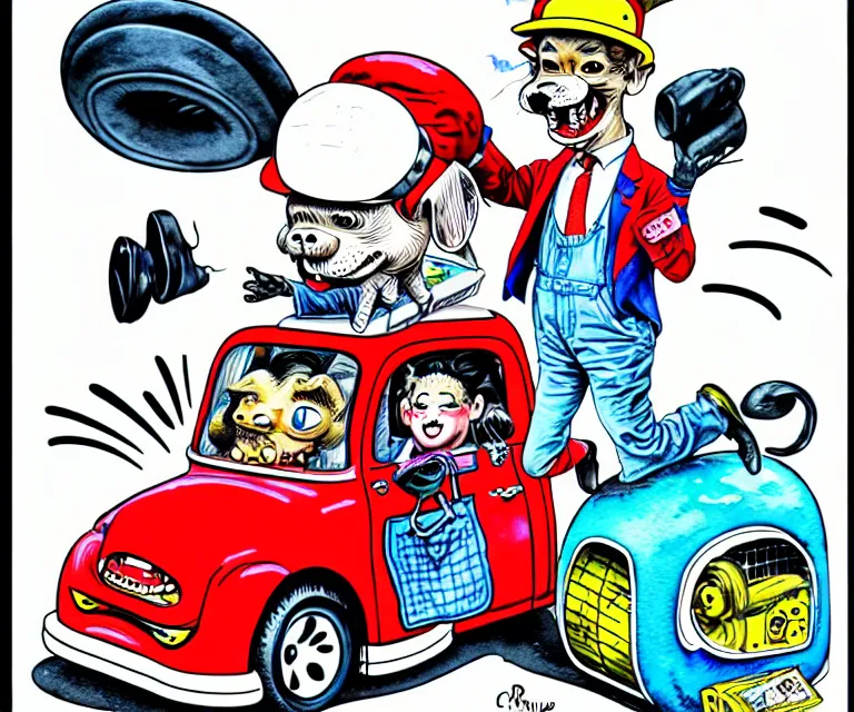 Prompt: cute and funny, frenchie mime, wearing a helmet, driving a hotrod, oversized enginee, ratfink style by ed roth, centered award winning watercolor pen illustration, isometric illustration by chihiro iwasaki, the artwork of r. crumb and his cheap suit, cult - classic - comic,