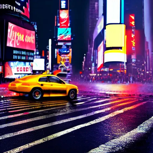 Prompt: fried egg on the road, times square, night time, raining, neon light, romantic, ultra realistic, unreal engine, 4k, artstation