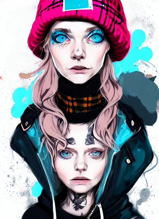 Image similar to highly detailed portrait of a swedish sewer punk lady student, blue eyes, tartan hoody, hat, white hair by atey ghailan, by greg tocchini, by kaethe butcher, by james gilleard, gradient pink, black, brown, cream and light blue color scheme, grunge aesthetic!!! ( ( graffiti tag wall white background ) )