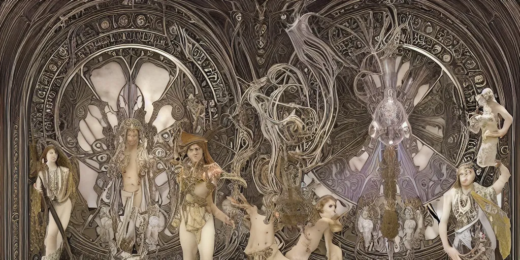 Image similar to 3 d rendered scene of the battle of angels and demons at the entrance to the fractal palace of cosmos painting of alphonse maria mucha and h. r. giger made in unreal engine hyper realistic, beautiful face, symmetrical face, good and evil, scrollwork, silver leaf, magical, detailed intricate, heraldic design, atmosphere, beautiful, realistic, detailed