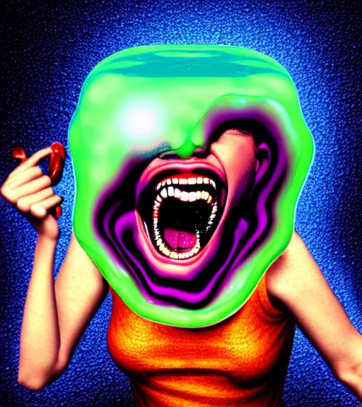 Prompt: biomorphic woman screaming with joy inside a gelatinous cube of aspic of electrons, in the style of aaron horkeyextremely, detailed masterpiece, atmospheric, shadowy, cinematic, digital art, 4 k