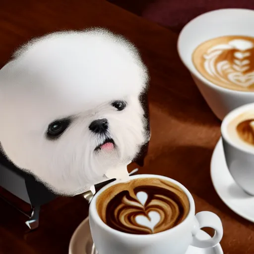 Image similar to a closeup photorealistic photograph of barista drawing bichon frise shaped latte art in a cup. professional capture, well lit shot. this 4 k hd image is trending on artstation, featured on behance, well - rendered, extra crisp, features intricate detail, epic composition and the style of unreal engine.