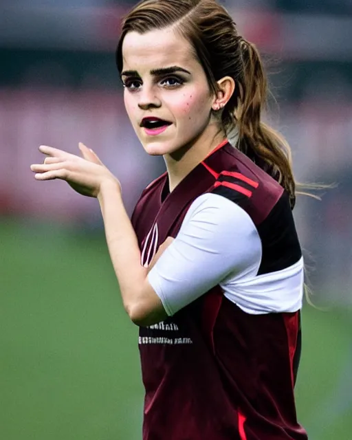 Image similar to a portrait of emma watson as a lokomotiv football player, hyper realistic