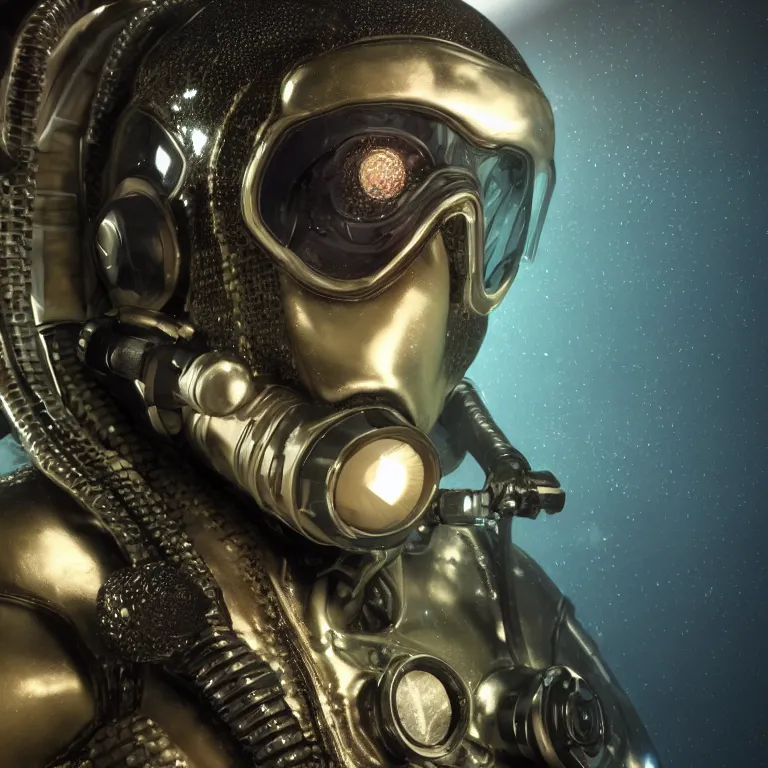 Image similar to octane render portrait by wayne barlow and carlo crivelli and glenn fabry, subject is a shiny reflective tactical black ops futuristic scuba diver with small lights inside helmet, surrounded by bubbles inside an exotic alien coral reef aquarium full of exotic fish, cinema 4 d, ray traced lighting, very short depth of field, bokeh