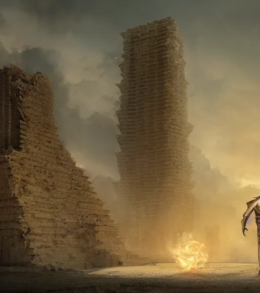 Image similar to monk standing in a futuristic stand in the ancient destroyed tower of babylon, hyper realistic, blockchain, cyber world, ambient lighting, concept art, intricate, hyper detailed, tarkovsky greatest scene, smooth, dynamic volumetric lighting, octane, ray trace, cinematic, high quality, high resolution, 4 k, cgsociety, greg rutkowski, gurney