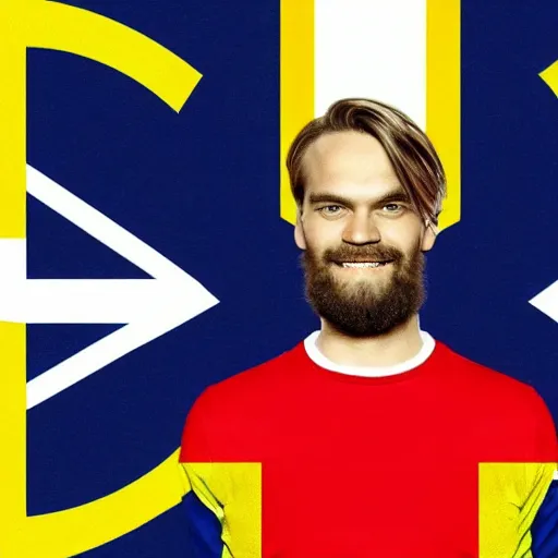 Image similar to Swedish propaganda poster of PewDiePie with the flag of Sweden in the background