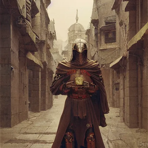 Image similar to study of masked holy crusader on the art deco streets of the byzathian empire city, award - winning realistic sci - fi concept art by beksinski, bruegel, greg rutkowski, alphonse mucha, and yoshitaka amano