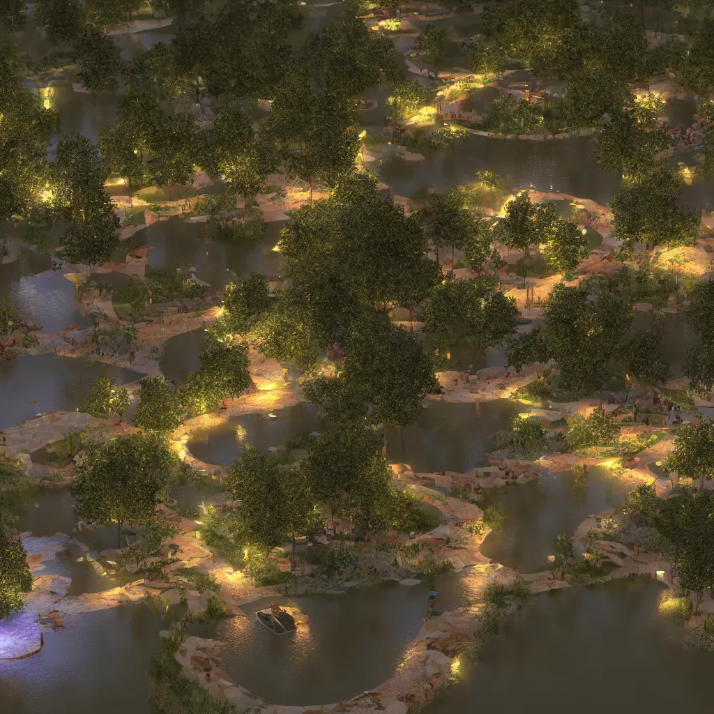 Prompt: park drowned in river glowing water with lots of lights at night, 8k, realistic, trending on artstation