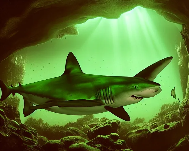 Image similar to 5 5 mm photo of a large translucent backlit green grave with a shark swimming inside. magical atmosphere. art by greg rutkowski. highly detailed 8 k. intricate. lifelike. soft light. nikon d 8 5 0.
