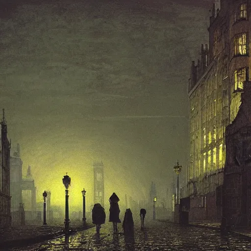 Prompt: Alien invasion in Victorian London at dusk by john atkinson grimshaw