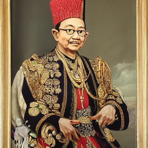 Prompt: sri sultan hamengkubuwono ix with blangkon and batik portrait, detailed, arstation 8 k, art by raden saleh, banksy, basuki abdullah