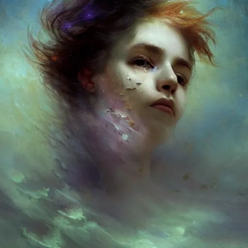Prompt: dreams of the fae; three-quarters portrait; heterochromia; oil paints; 8k, surrealism, abstract imagery by Aleksi Briclot and Ivan Aivazovsky; blotchy skin, piercing eyes, flowing hair, underwater