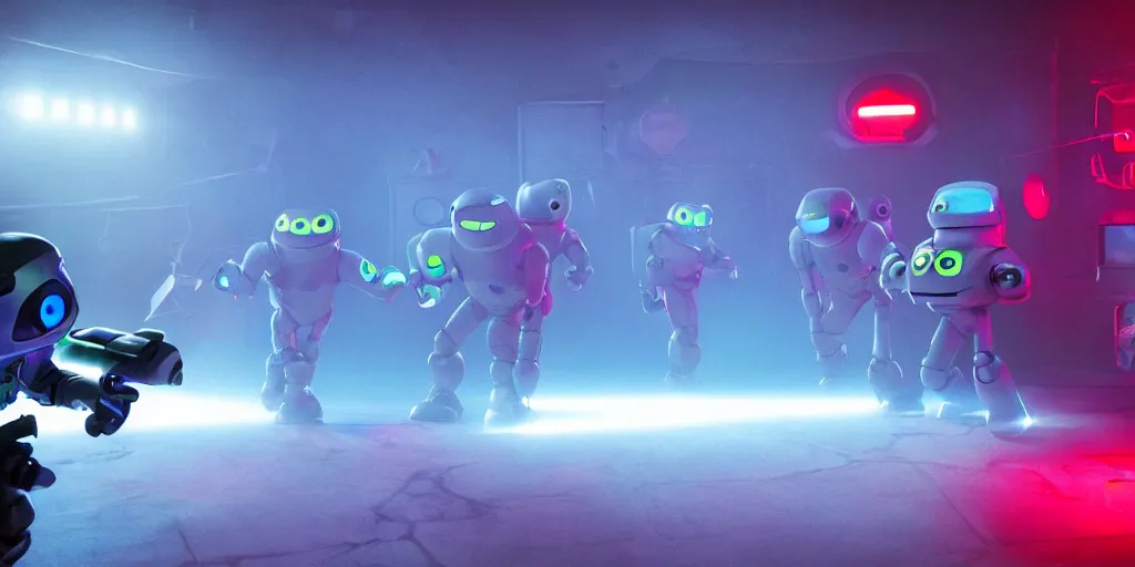 Prompt: a cinematic still of a laser tag game between robots, pixar monsters, and astronauts cinematography by Denis Villeneuve volumetric lighting