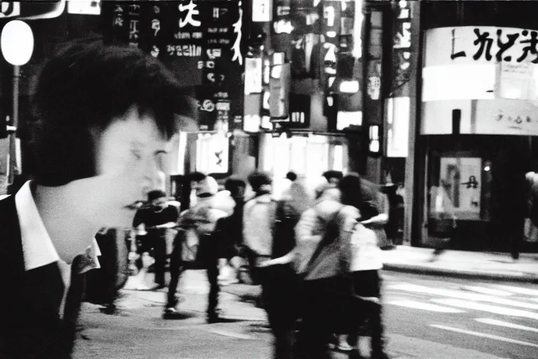 Image similar to Ian Curtis runs through the streets of Tokyo, 35mm film, by Shinya Tsukamoto