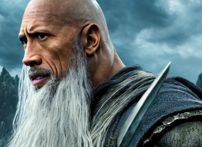 Prompt: film still of dwayne the rock johnson as gandalf in the new lord of the rings movie, 4 k, highly detailed face, detailed eyes