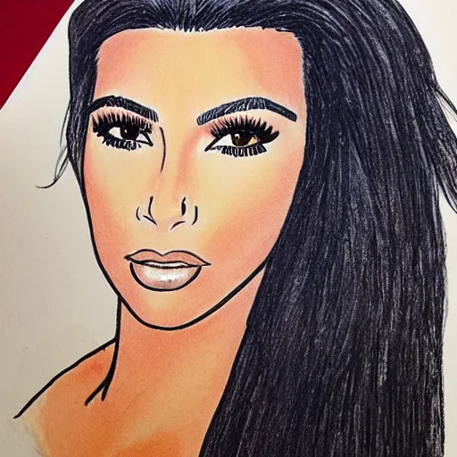 Image similar to Kim Kardashian coloring book picture, half-colored with wax crayon