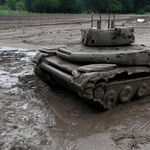 Prompt: futuristic broken up tank, sunken in mud