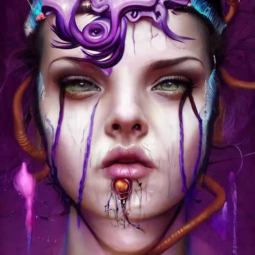 Image similar to art portrait of a furious girl with purple tentacles on her head, 8 k, by tristan eaton, stanley artgermm, tom bagshaw, greg rutkowski, carne griffiths, trending on deviantart, face enhance, hyper detailed, full of colour,