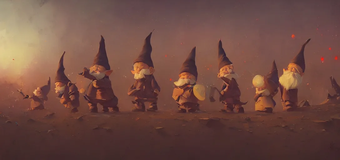 Prompt: beautiful painting of a gang of gnomes at twilight, by Sergey Kolesov, Stanley Artgermm, Tom Bagshaw, Greg Rutkowski, Carne Griffiths, trending on Artstation, 8k, masterpiece, graffiti paint, dishonored, fine detail, full of color, intricate detail