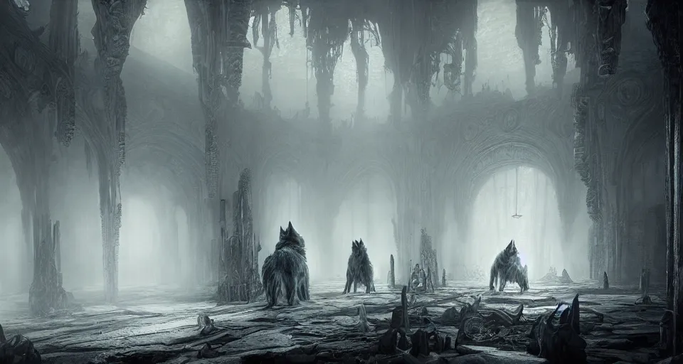 Image similar to king of the wolves - fantasy, inside the king's hall wolves and their treasures, ethereal, ominous, misty, 8 k, by h. r. giger and greg rutkowski, the last guardian by fumito ueda - elden ring