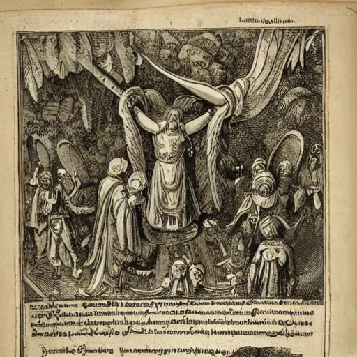 Image similar to a overhead view of a man in castle in the jungle getting praised and fanned by angels with fruits, detailed, golden furniture, nuremberg chronicle, adventure time,