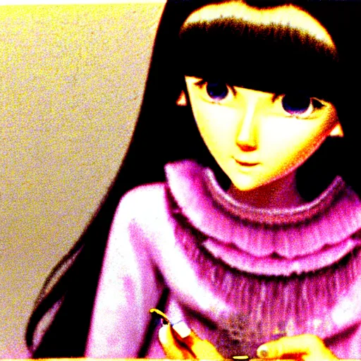 Image similar to 1971 still from a film of a portrait of a morbid 18 year old young woman wearing a dress of the soft aesthetic with wavy long hair, queen of sharp razorblades holds a single small sharp blade or a razor her hand and shows it to the user, by Range Murata, Katsuhiro Otomo, Yoshitaka Amano.