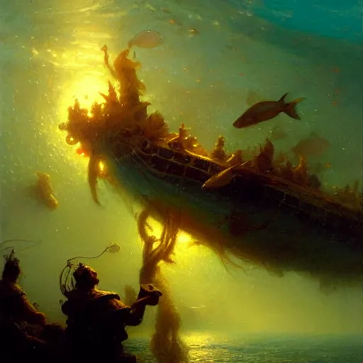 Image similar to point of view of deep in the ocean looking up, you see fishes, higher up you see very clearly the milk way illuminating the sea down bellow, night time. highly detailed painting by gaston bussiere, greg rutkowski 8 k