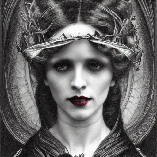 Image similar to portrait of a lady vampire, 35mm, 1920', depth of field, ominous, sharp, highly detailed, photorealistic, realistic, high definition, 8k, deviantart, donato giancola, irwin penn, Alphonse Mucha