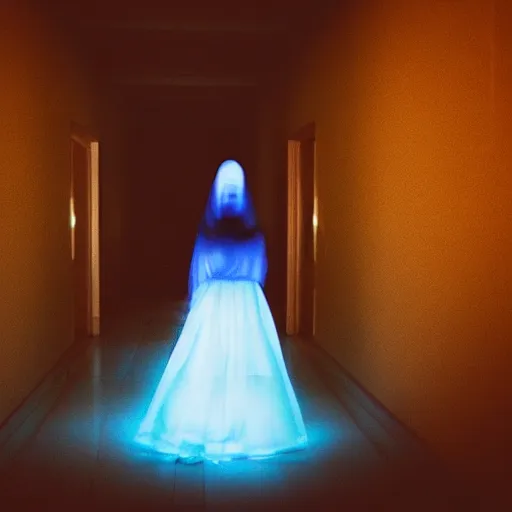 Image similar to “A beautiful photograph of a young girl as a ghost, blue lighting, hallway”