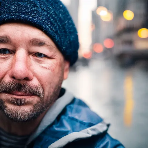 Prompt: closeup portrait of a man fishing in a rainy new york street, photography, natural light, ƒ1.8, 35mm