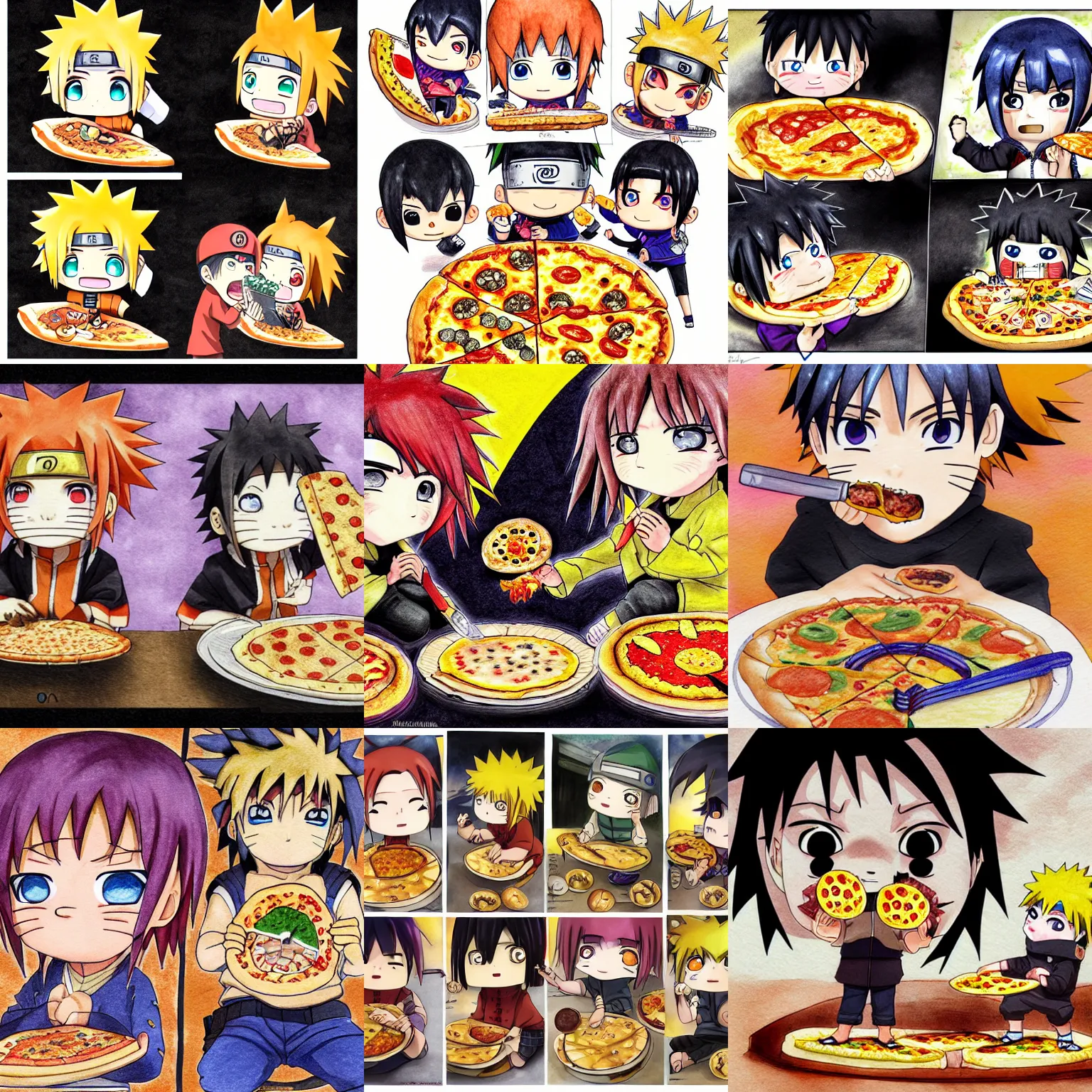 Prompt: Chibi Naruto biting into a pizza, Chibi Naruto biting into a pizza, Chibi Naruto biting into a pizza, digital art, hyper detailed, high definition, 4k, HDR, pencil drawing, eating, munching pizza, watercolor, dramatic lighting, cinematic, establishing shot, extremly high detail, foto realistic, cinematic lighting, pen and ink, intricate line drawings, by Yoshitaka Amano, Ruan Jia, Kentaro Miura, Artgerm, post processed, concept art, artstation, matte painting, style by eddie mendoza, raphael lacoste, alex ross, Chibi Naruto biting into a pizza