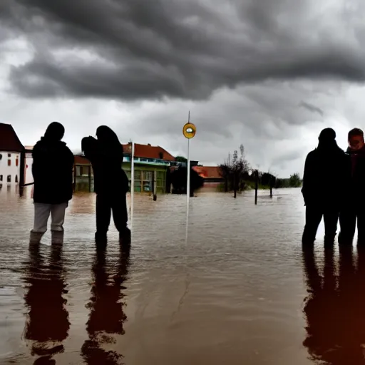 Image similar to the silhouette of 4 people standing in front of a small german town that's being flooded, stormy weather, moody lighting, medium full shot
