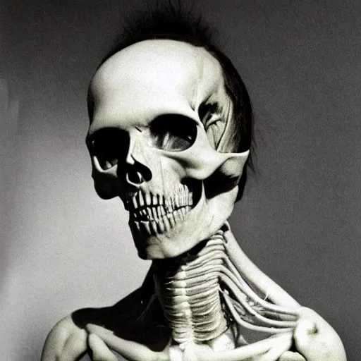 Image similar to alien looking, skull like, big forehead, horrifying, killer, creepy, dead, monster, tall, skinny, open mouth, deathly, old photo, turning yellow