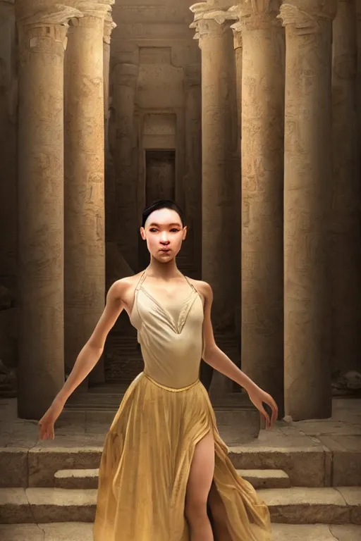 Prompt: stunningly beautiful, filipina prima ballerina in egyptian ruins, symmetrical face, golden hour, smooth, focus, highly detailed, hyper realistic, dramatic lighting, elegant, intricate, concept art, art by wlop, mars ravelo, greg rutowski, artstation