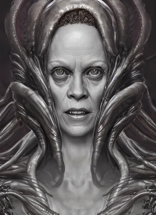 Image similar to a portrait of sigourney weaver blended with a xenomorphic alien queen, twisting organic tendrils, haze, highly detailed, hyper real, futuristic, volumetric interior lighting, artstation, unreal engine render 8 k greg rutkowski, hr giger