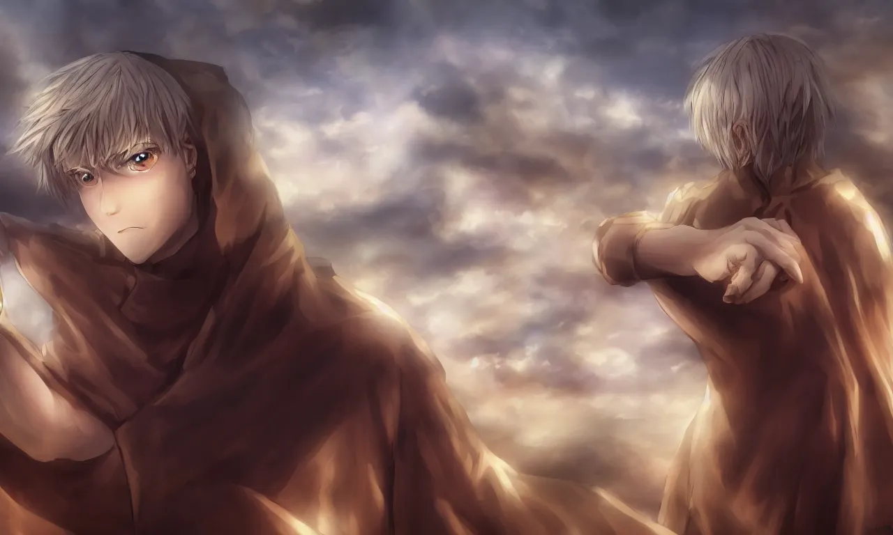 Image similar to blonde boy with golden eyes wearing a brown cape, anime screenshot, mappa studio artstyle, hyper realistic, pale skin, 4 k, rule of thirds, extreme detail, detailed drawing, trending artstation, hd, fantasy, realistic lighting, sharp focus, backlit