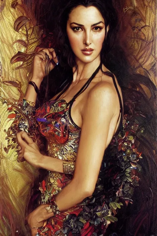 Image similar to young Monica Bellucci portrait, fantasy, elegant, intricate, cinematic lighting, by Stanley Artgerm Lau, greg rutkowski, thomas kindkade, alphonse mucha, loish, norman Rockwell