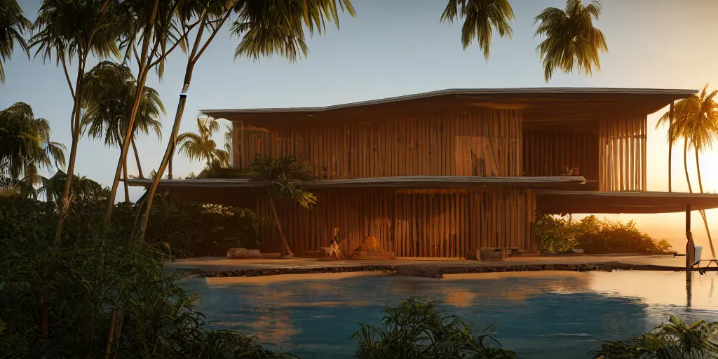 Prompt: a modern bamboo house, tropical modernism, a view of the beach, sunset, photorealism, beautiful, cinematic dramatic atmosphere, volumetric cinematic perfect light, detailed octane render trending on artstation, 8 k, by chris hytha and jag studio