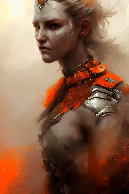 Image similar to full - body portrait of a ranger, female, white and orange breastplate, magical, high fantasy, d & d, by jeremy mann, face details, extremely detailed, digital illustration