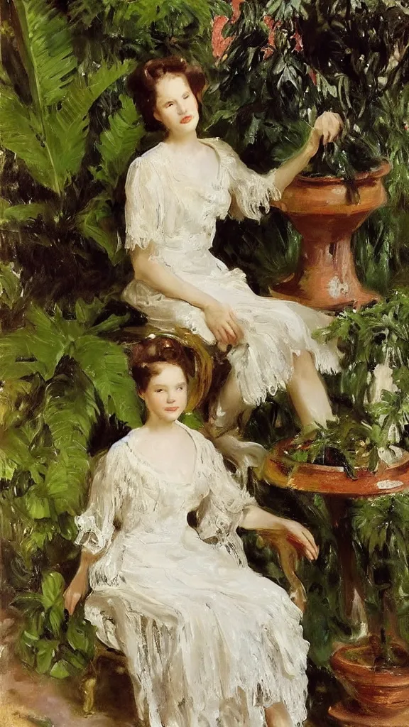 Image similar to beautiful young julee wear a lace dress in a botanical room set near a persian pot and palm treeby john singer sargent