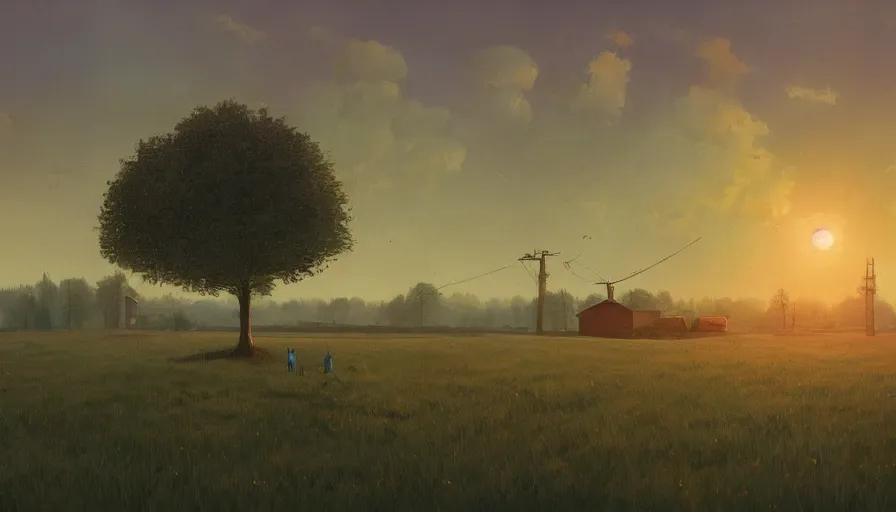 Image similar to open field with solar panels, sun in the sky, early morning, single tree, farmhouse, simon stalenhag