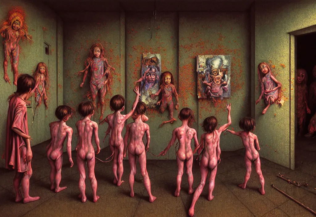 Prompt: realistic detailed photo rendered in octane 3d , of fully clothed kids in mantles , performing an esoteric ritual in a soviet abandoned hospital room padded cell with paintings on walls, by Francis Bacon, by Ayami Kojima, Amano, Karol Bak, Greg Hildebrandt, and Mark Brooks , rich deep colors. Beksinski painting, art by Takato Yamamoto. masterpiece. rendered in blender, ultra realistic, smooth shading, ultra detailed, high resolution, cinematic, unreal 6