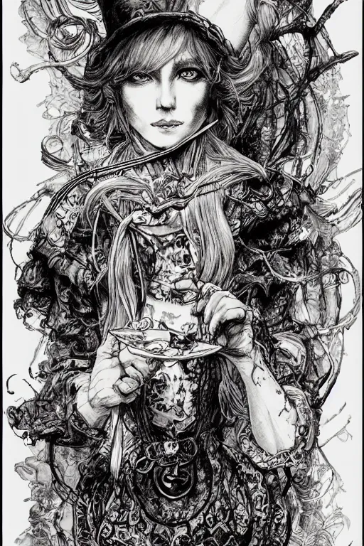 Image similar to portrait Alice in wonderland tarot card , pen and ink, intricate line drawings, by Yoshitaka Amano, Ruan Jia, Kentaro Miura, Artgerm, watercolor