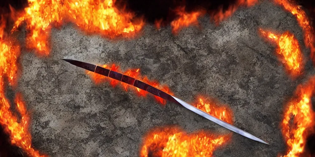 Image similar to a legendary longsword engulfed in spiral of flames, its handle is made out of dragon skin,