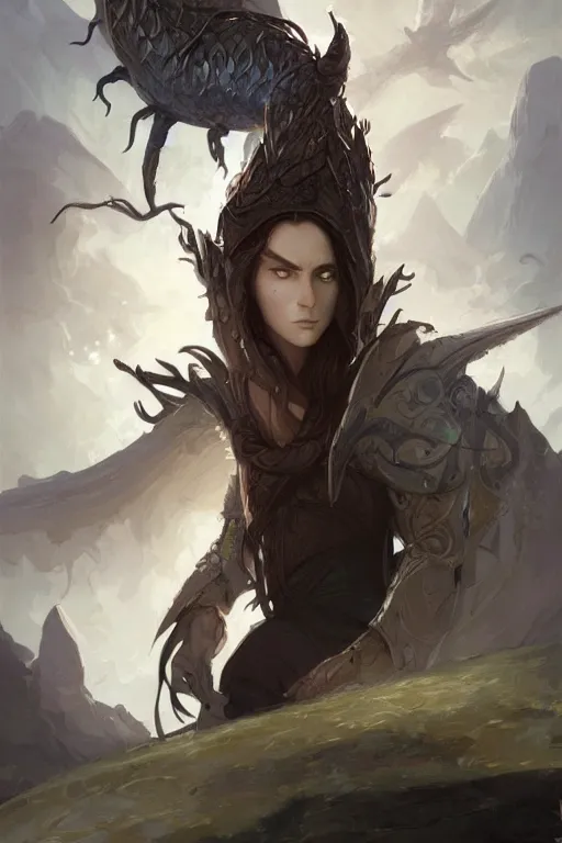 Prompt: portrait of elven teenage boy mage long black hair dragon egg digital painting modern fantasy concept art by peter mohrbacher wlop