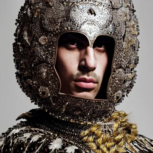 Image similar to a portrait of a beautiful young persian male wearing an alexander mcqueen armor made of quartz , photographed by andrew thomas huang, artistic