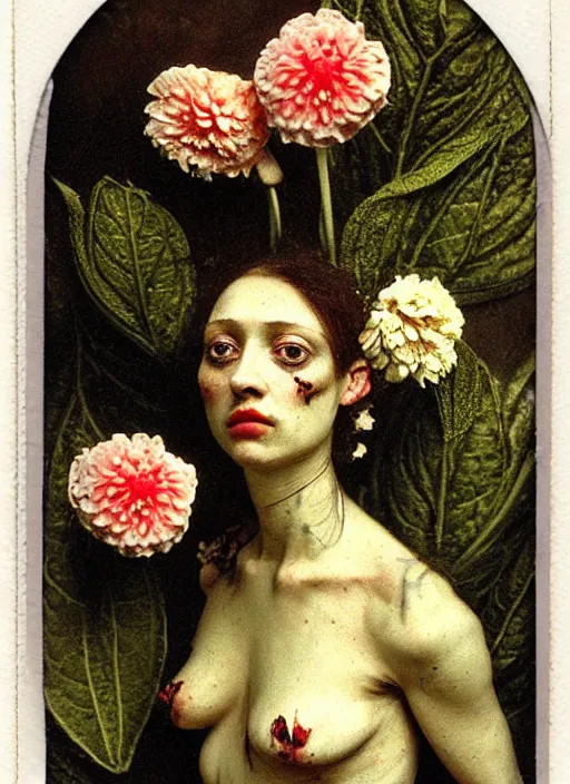 Prompt: beautiful and detailed rotten woman made of plants and many types of stylized flowers like carnation, chrysanthemum, roses and tulips, greek ornamentation, intricate, surreal, john constable, guy denning, gustave courbet, caravaggio, romero ressendi 1 9 1 0 polaroid photo